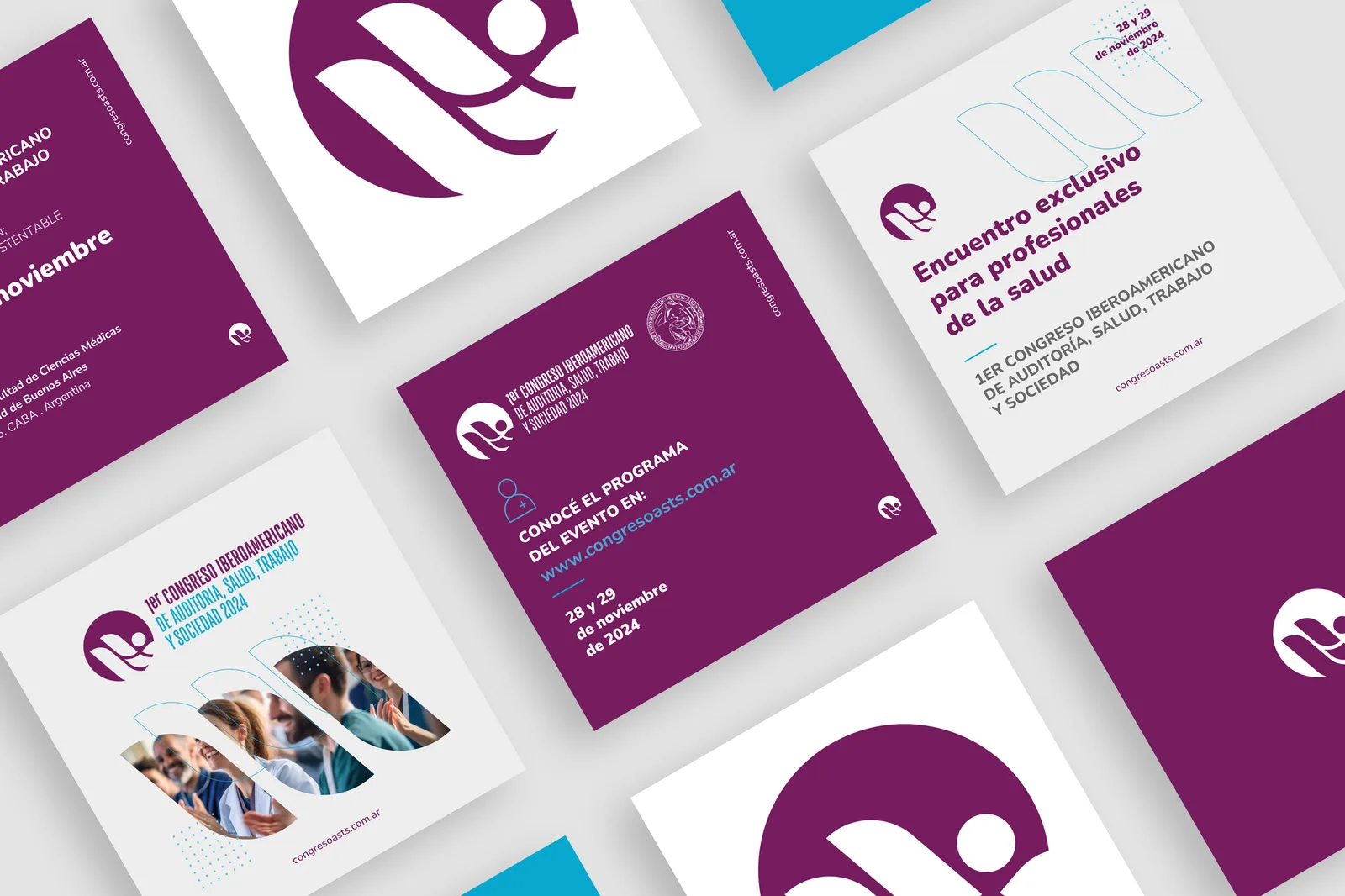 Grilla de posts para redes sociales del congreso con el sistema violeta y celeste